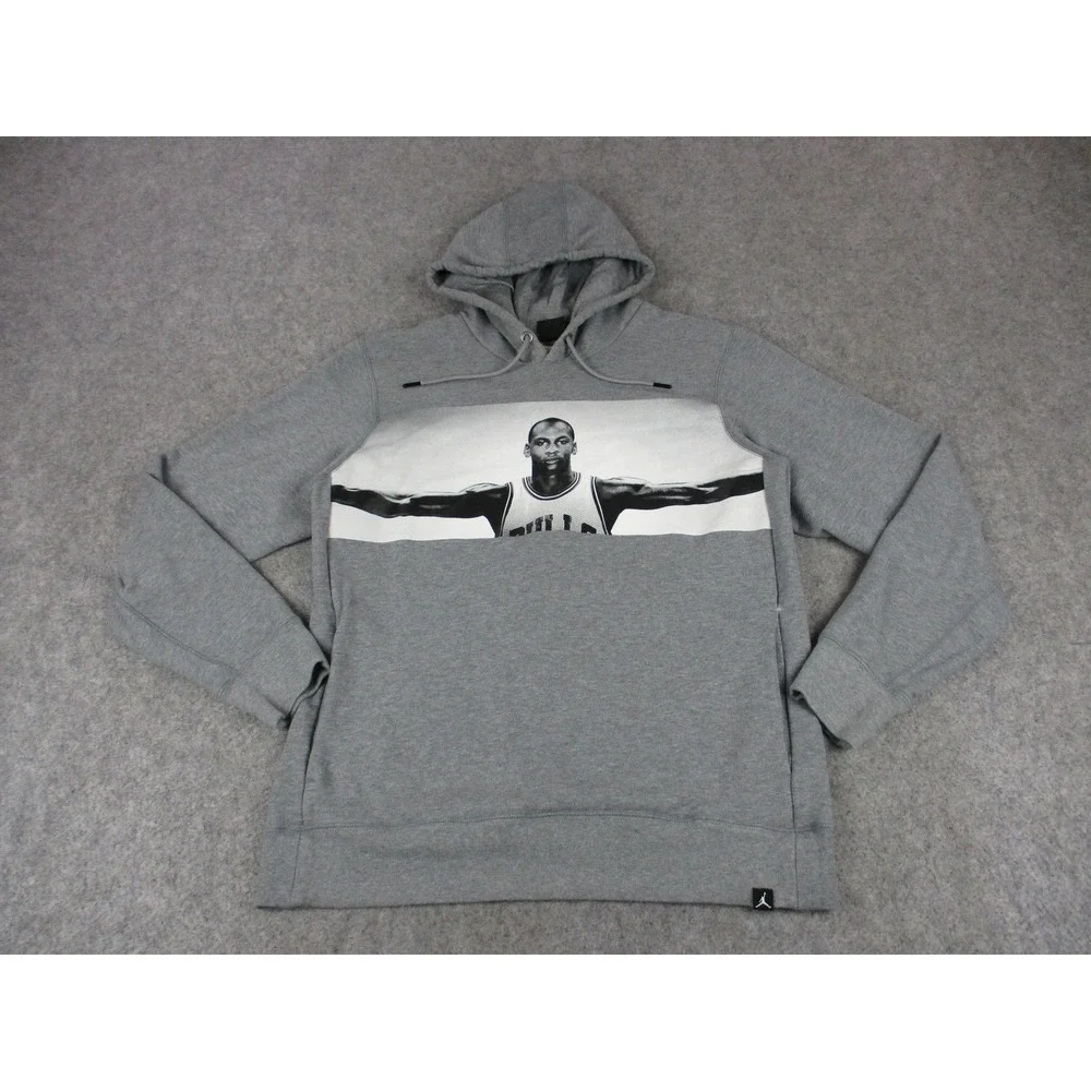 Chicago Bulls Hoodie Sweatshirt Mens Large Gray White NBA Nike Michael Jordan